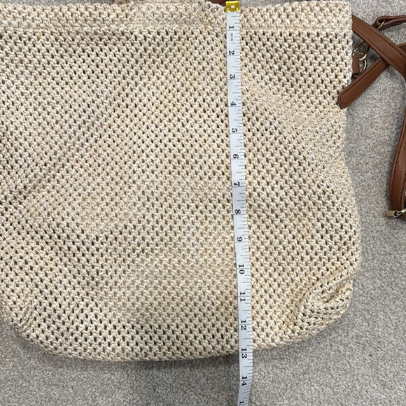 Cream and Brown Crescent Shoulder Bag with Bamboo Accent - Picture 3 of 6